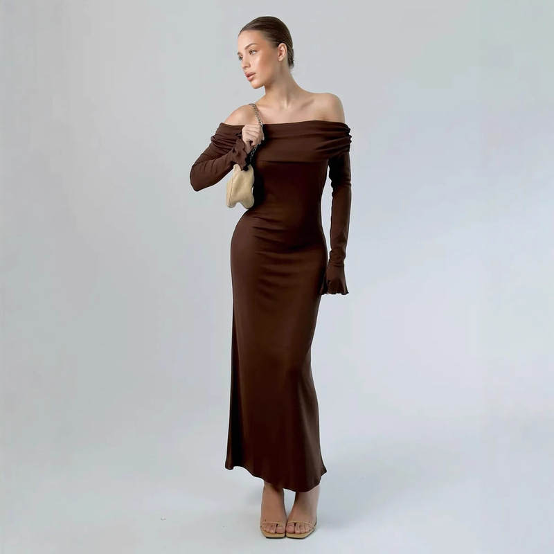 One-Shoulder French Style Long-Sleeved Dress 2025 Autumn and Winter Fashion Party Pure Color Knitted Slim Slim Long Dress