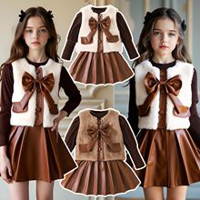 跨境专供INS欧美秋冬热卖女童保暖套装 纯色内搭+马甲+短裙三件套