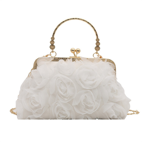 Chiffon 3D Flower Evening Bag, Champagne-Colored for Women's Cheongsam Style, Handmade Gown Bag with Chain Detail, Tote Bag