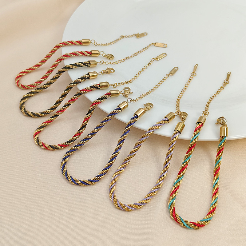 European and American Cross-Border Titanium Steel Bracelets Red Rope Gold-Plated Color-Preserving Accessories Personalized Hand-Woven Twist Bracelets for Men and Women