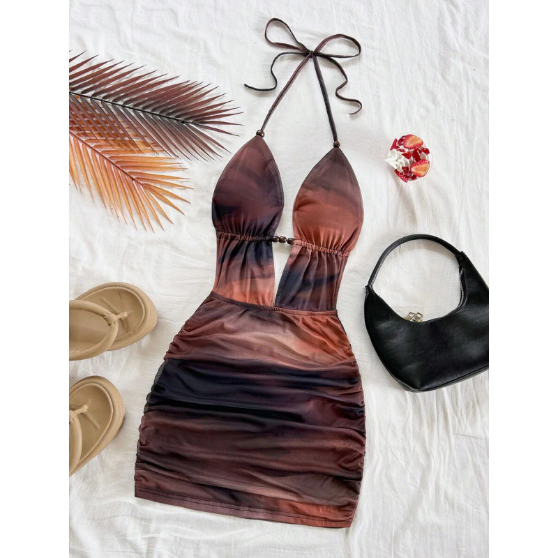 T 14213 Aliexpress nuevo comercio exterior transfronterizo retro teñido impresión abstracta profunda V-collar