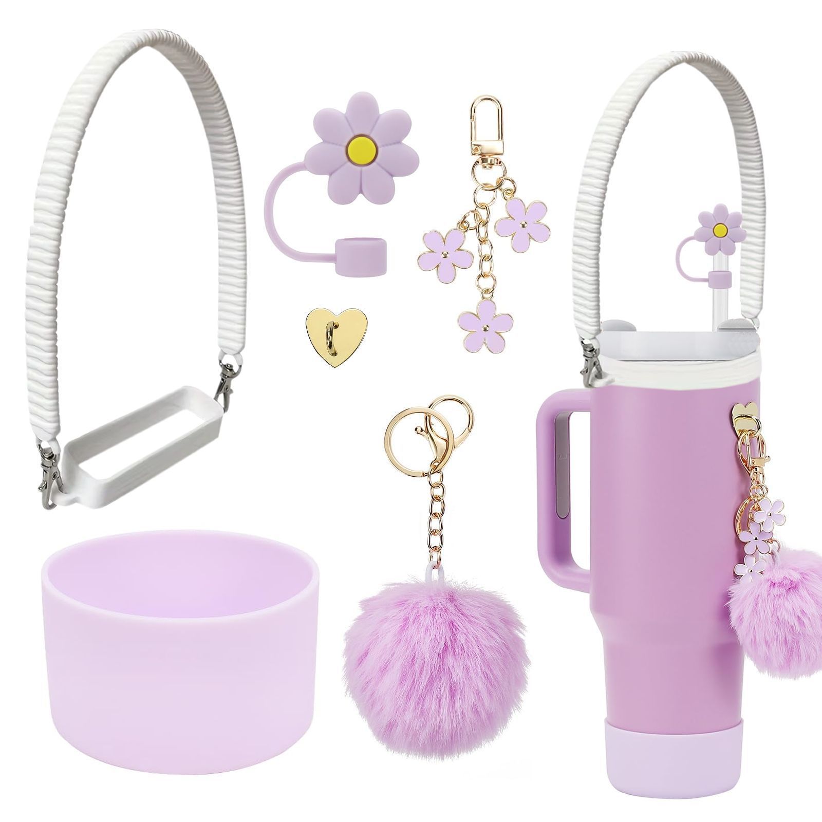 7pcs taza Stanley cuerda de mano colgante de silicona flor tapa de pajita bola de felpa colgante de copa cadena de taza de color