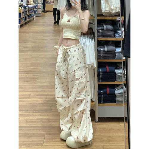 American Retro Print Work Pants for Women - Summer Thin Straight Leg Wide Leg Pants for Women - Casual Floral Long Pants for Women - Trendy