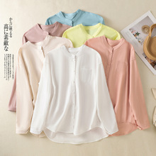 2025新款棉麻衬衫轻薄高支纯亚麻 立领长袖宽松大码日系棉麻女装