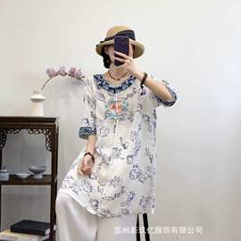 新中式苎麻衬衫女2026夏季新款青花瓷系列印花圆领中袖改良旗袍裙