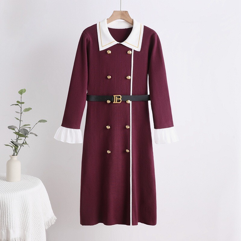 Cross-Border High-End Elegant Formal Occasion Small Fragrance Style Waist-Cinching Long-Sleeved Slimming Hepburn Knitted Mid-Length Dress