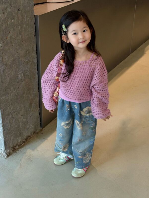 女童超好看秋装镂空毛衣牛仔裤套装2025春季洋气小女孩潮酷穿搭|undefined