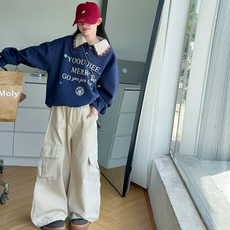 女童卫衣套装2025春秋新款中大童毛线领字母上衣宽松阔腿工装裤潮
