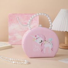 粉色皮革儿童首饰盒带镜珍珠手提包 小女孩专用饰品收纳化妆包包