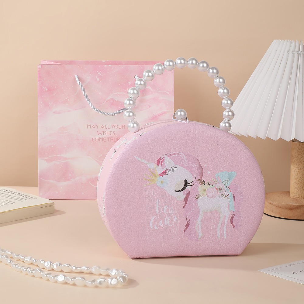 粉色皮革儿童首饰盒带镜珍珠手提包 小女孩专用饰品收纳化妆包包