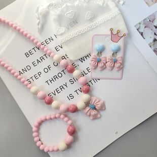 Children's Necklace Set Korean Little Princess Accessories Necklace Bracelet Without Pierced Ear Clip Jewelry Set Female Gift