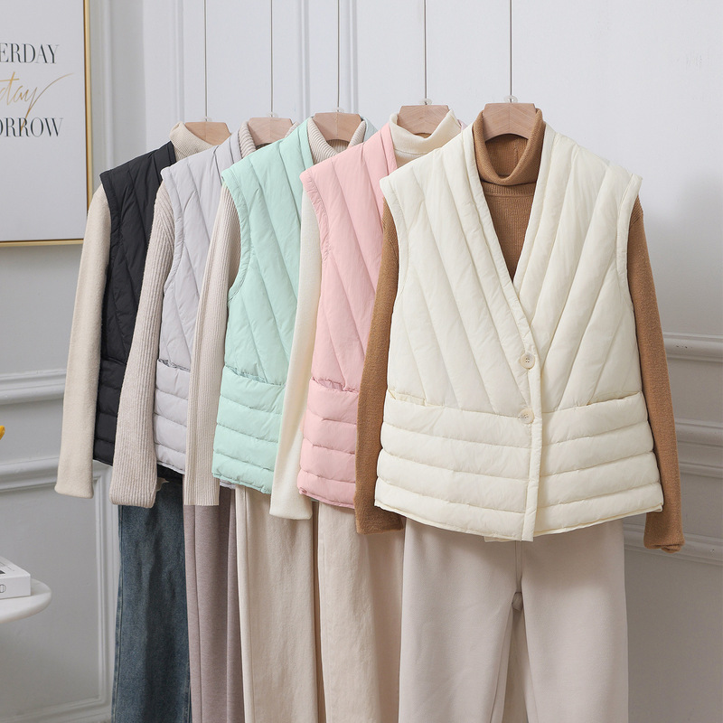 Pinghu Market Autumn and Winter New Lightweight down Vest for Women V-Neck Slim Fit Warm White Duck down Vest Trendy