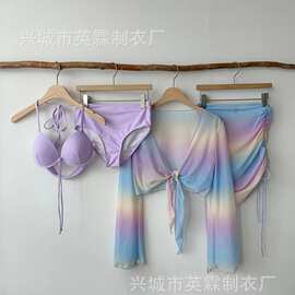 跨境货源新款多巴胺女孩彩虹色纯欲风修身显瘦罩衫裙四件套泳衣女