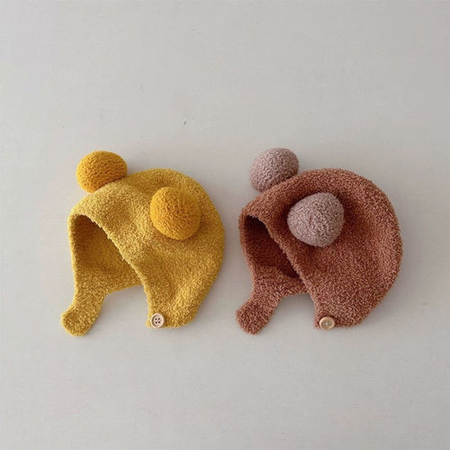 Korean Version Instagram Autumn/Winter Baby Ear Protection Hat, Warm and Cold Proof Hat, Comfortable Infant Dual Ball Soft and Chewy Head Covering Hat, Trendy