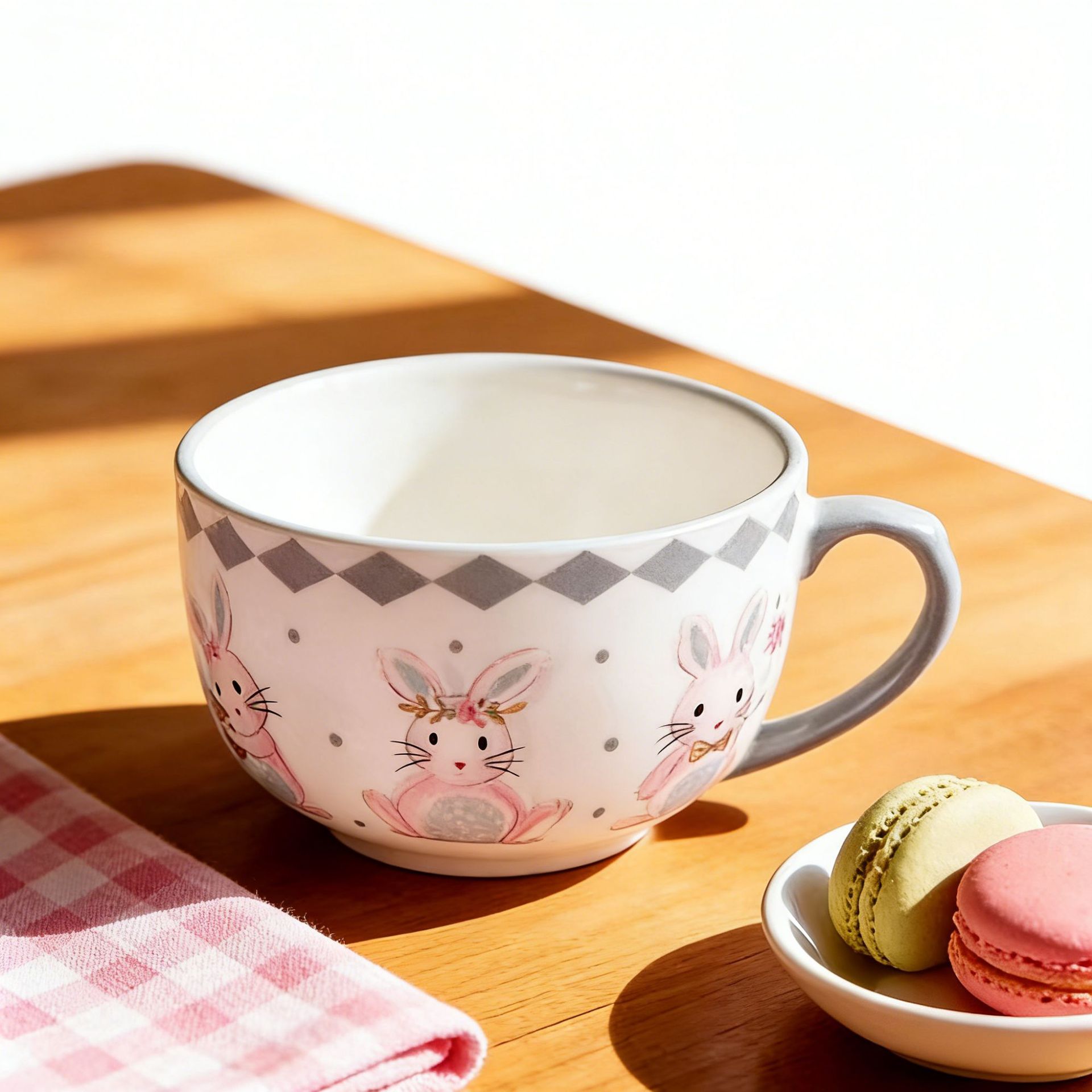 Taza de desayuno de leche de avena casera creativa dibujos animados lindo conejo mango de bolsillos de fideos de cerámica gruesa taza de sopa de gran capacidad