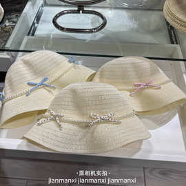 度假风珠链小蝴蝶渔夫帽子女夏季防晒草帽海边度假沙滩帽遮阳盆帽