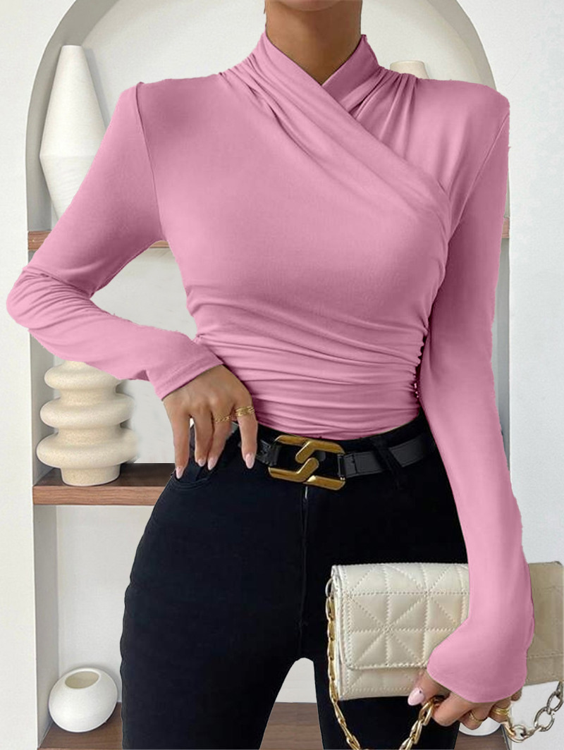 Elegant Women's Cross-Neck Slim-Fit T-Shirt Tuck Detail Versatile Autumn Winter Wardrobe Staple Fashion Top for Ladies_ecoleips.com