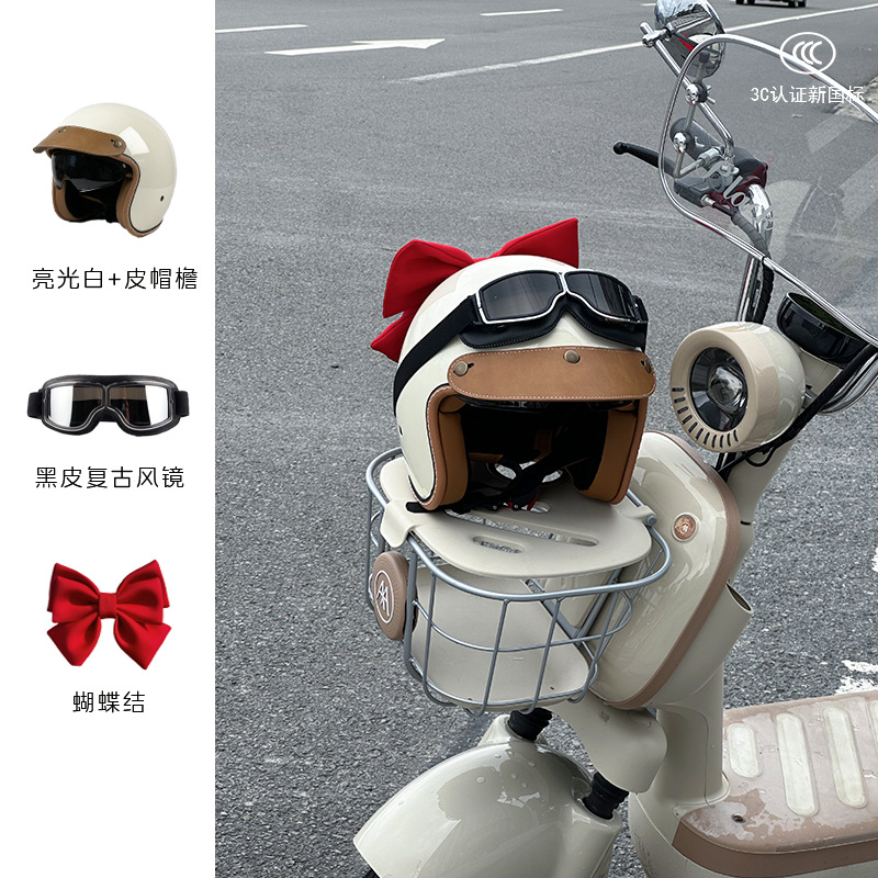 Women Winter Warm Scooter, Motuoche Motosiklet kaskı (dəbilqə) - white-black-leather-goggles-red-bow-m