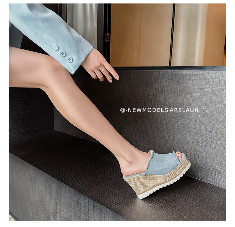 Sandal cao gót nữ hở mũi chất liệu denim, đế xuồng bện cói, gót cao 9 cm — Cao bồi xanh chi tiết 22