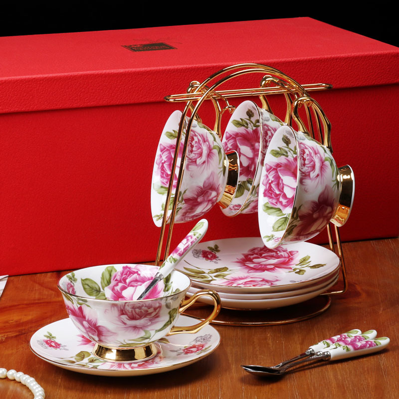 Estilo europeo de lujo ligero hueso China taza de café y platillo traje británico juego de té de la tarde de alta gama exquisita taza caja de regalo al por mayor