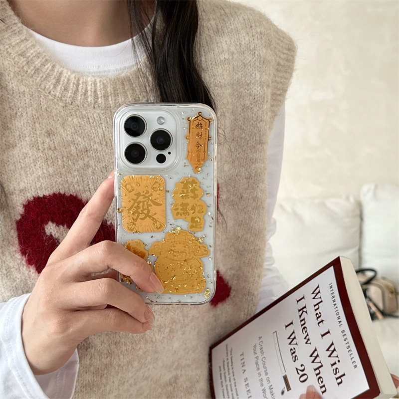 El epoxi transparente estilo ins Lucky Jinbao es adecuado para Apple 16proma festivo iPhone14/15 funda para teléfono móvil 13p