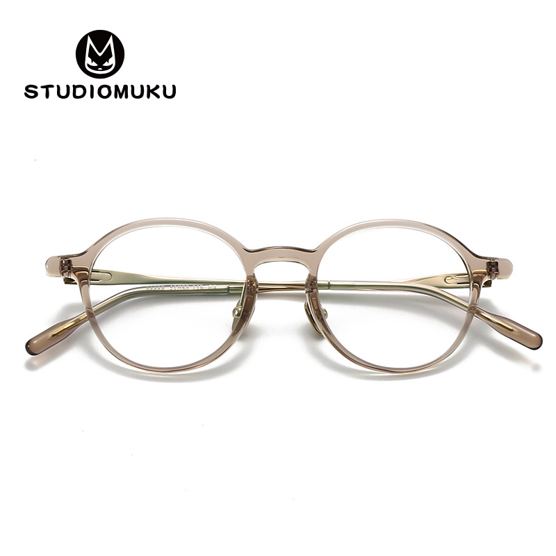 STUDIOMUKU Gafas de madera fresca Marco de gafas de diseño retro Placa Marco de gafas hecho a mano de titanio puro Marco de marco redondo