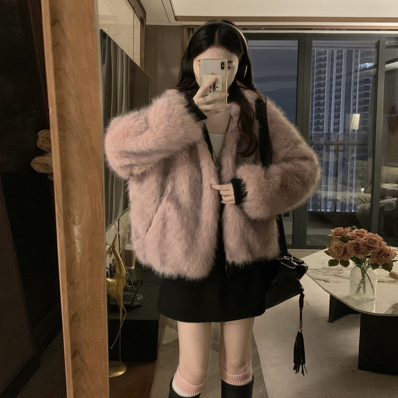 Calle de estilo americano chaqueta de algodón piel de lana de hierba corta ropa de algodón mujer sombrero de invierno en ambos lados ropa de algodón abrigo grueso image 4