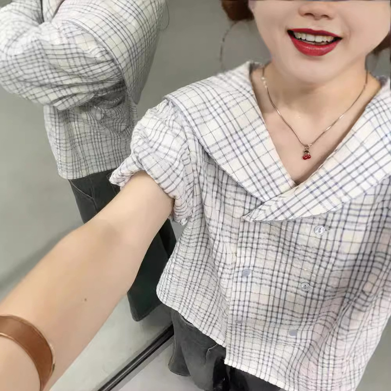 French-Style Sweet Blue Checkered Navy Collar Short-Sleeved Shirt for Summer, Loose Short Puff-Sleeved Round Neck for Petite People