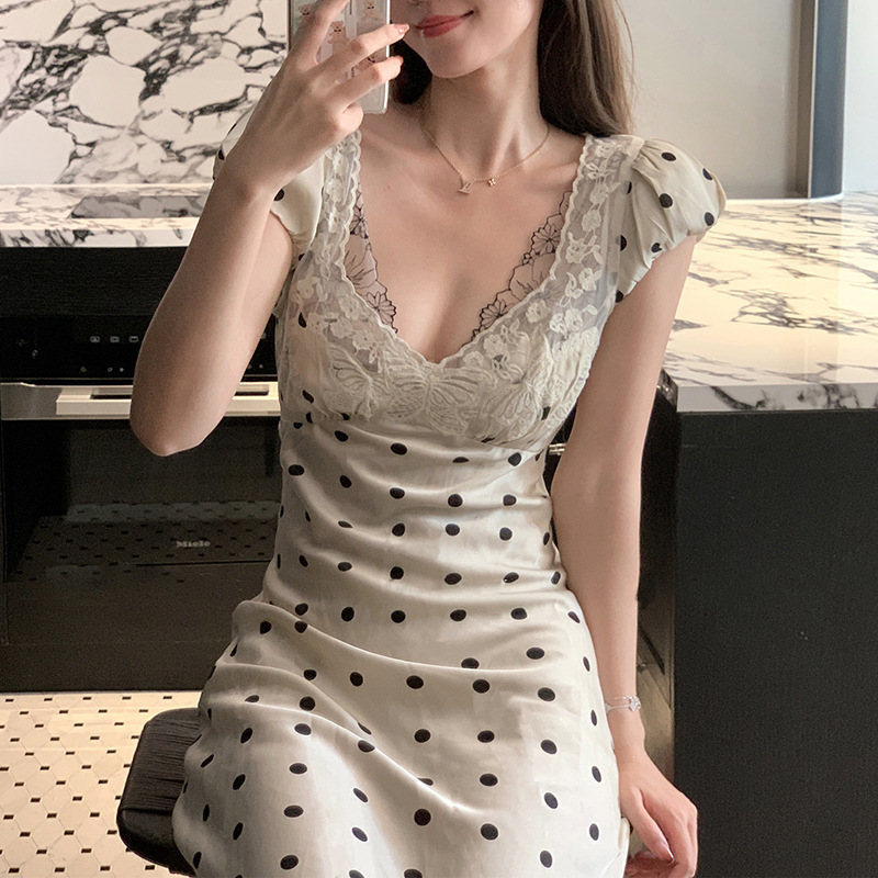 2025 Super Popular Dress Birthday Dress Yu Shuxin Same Style French Satin Polka Dot Tank Top Two-Piece Set Lace Splicing