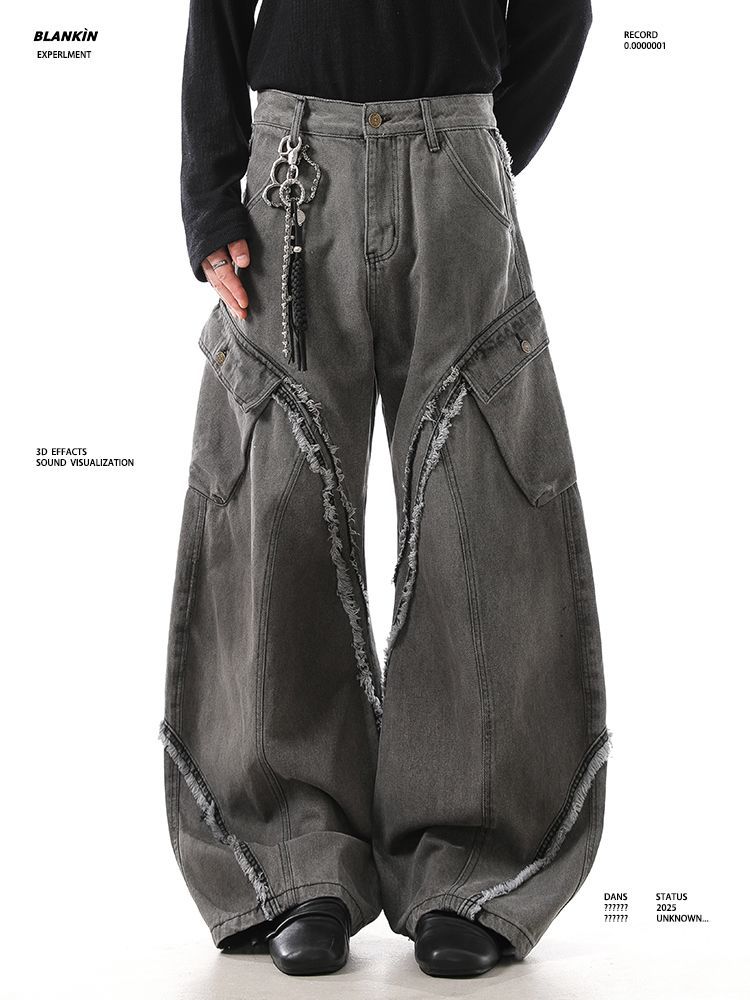 Retro americano bordes de cimetaje contorno jeans estilo de diseño de alta calle estereoscópico bolsillo grande pantalones casuales sueltos