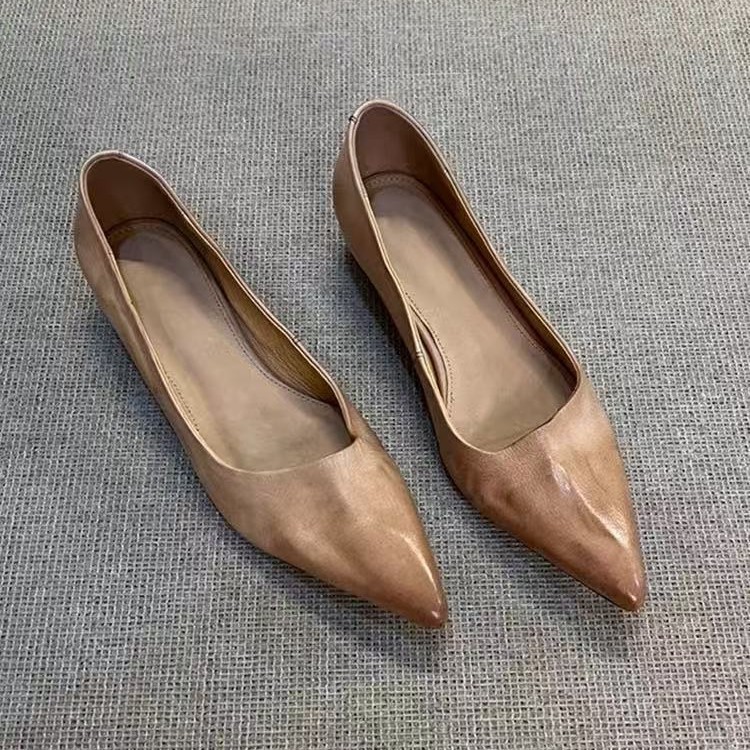 Sheepskin Version ~ Pointed Toe Elegant Low-Heeled Flats Women's Shallow Mouth Commuter Shoes French Simple Professional Work Shoes