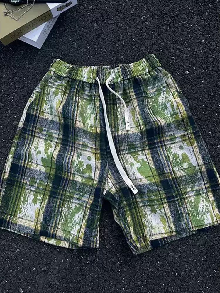 Trendy High Street Casual Retro Tie Dye Plaid Shorts Loose Fit For Men And Women Suitable For Wearing Outside And At The Beach_viptrois.com