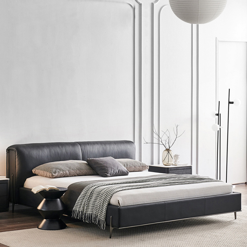 Diseñador minimalista italiano gran cama de cuero negro de vaca 1.8m simple y moderna pequeña cama doble dormitorio principal