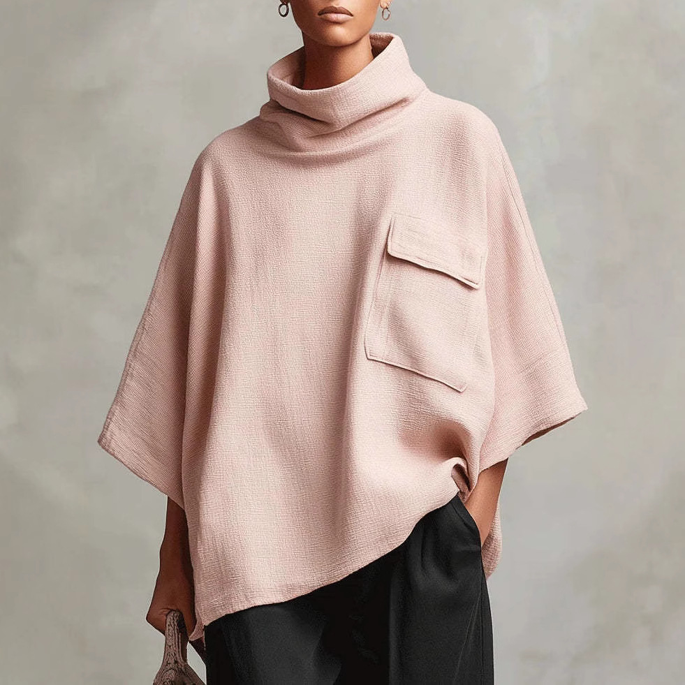 2025 European and American Women's Pullover Irregular Top Loose Slimming Solid Color Pocket High Neck Three-Quarter Sleeve Knit Sweater