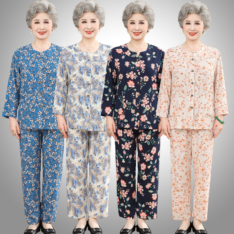 Middle-Aged and Elderly Cotton Silk Pajamas Set Mother's Long-Sleeved Cotton Silk Two-Piece Set Grandma Cardigan Artificial Cotton Home Clothes