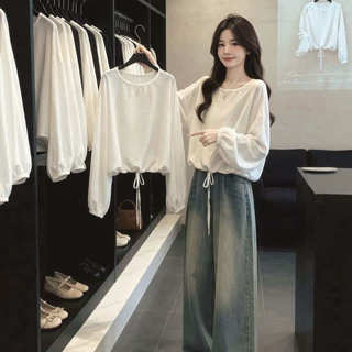 源头工厂设计感气质绑带收腰长袖T恤女秋时尚显瘦百搭上衣A14029
