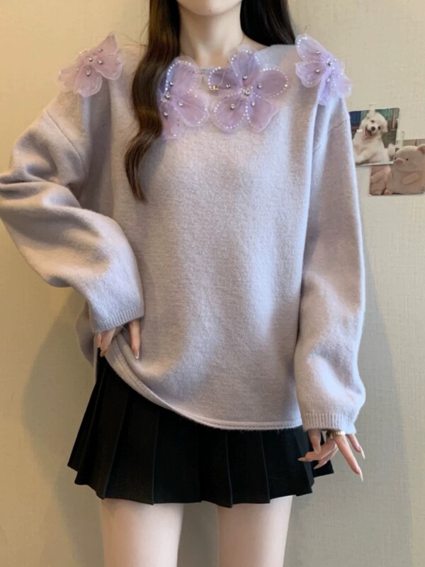 重工花朵钉珠圆领套头毛衣女2025秋冬新款宽松设计感针织衫上衣潮|undefined