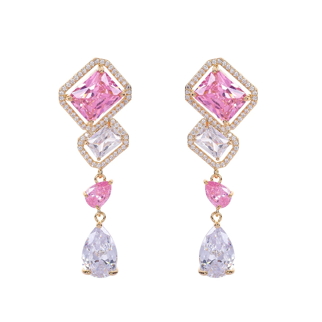 Серебряные серьги-капли из циркония, серебро 925 пробы, микроинlay, золотистая оправа из камня, жёлтый/фиолетовый/розовый