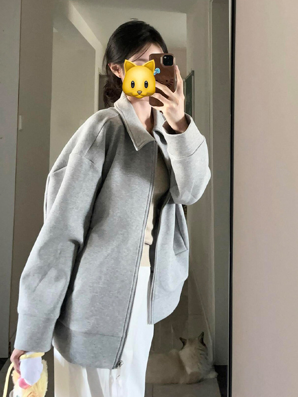 灰色翻领卫衣外套女款春秋季2025新款韩系宽松棒球服独特休闲上衣|undefined