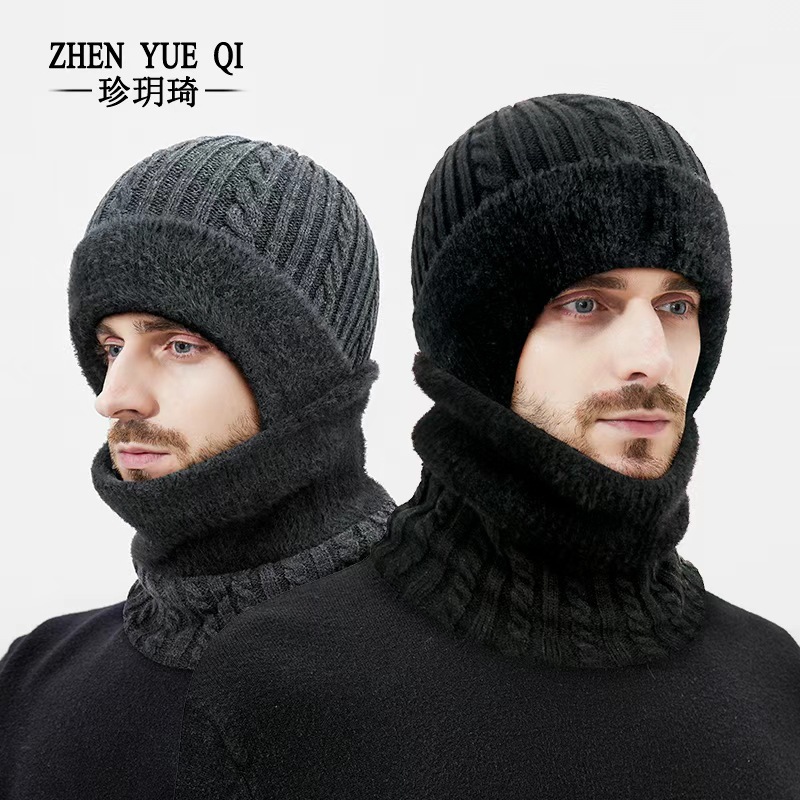 冬季新款麻花加厚仿貂毛围脖帽子两件套男户外防寒骑车护耳针织帽