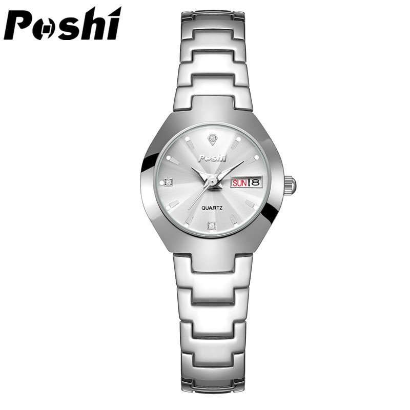POSHI reloj niñas de moda impermeable luminoso simple elegante correa de acero doble calendario reloj de cuarzo reloj femenino