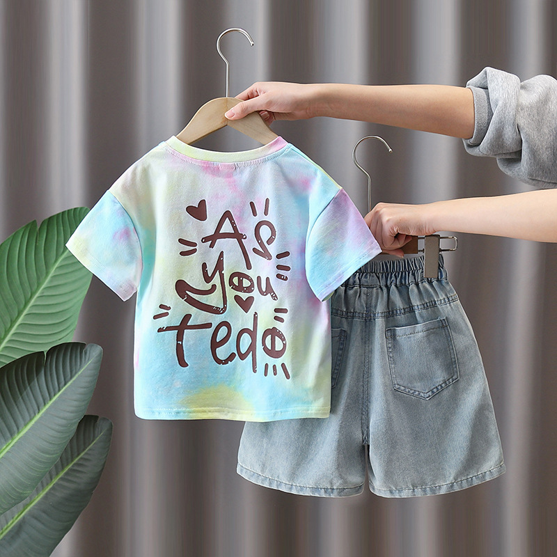 7298 Traje de manga corta para niños 2025 Nuevo estilo Niño Verano impreso Moda Pantalones cortos de mezclilla Verano de dos piezas
