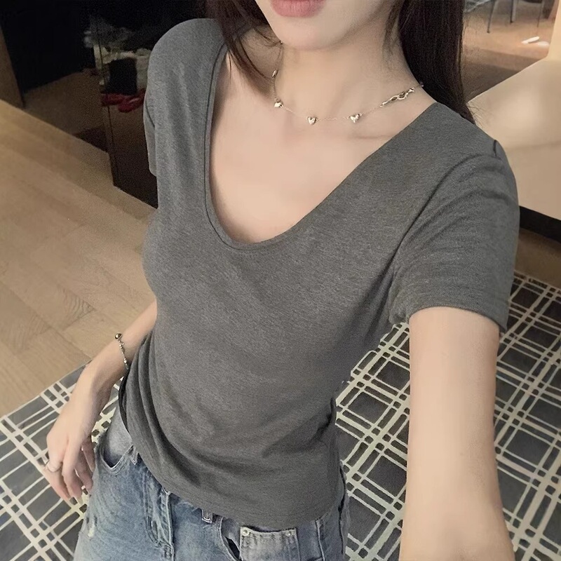 Basic Short-Sleeved V-Neck Solid Color Hot Girl T-Shirt Women's Summer Slim-Fitting Waist-Cinching Short Top