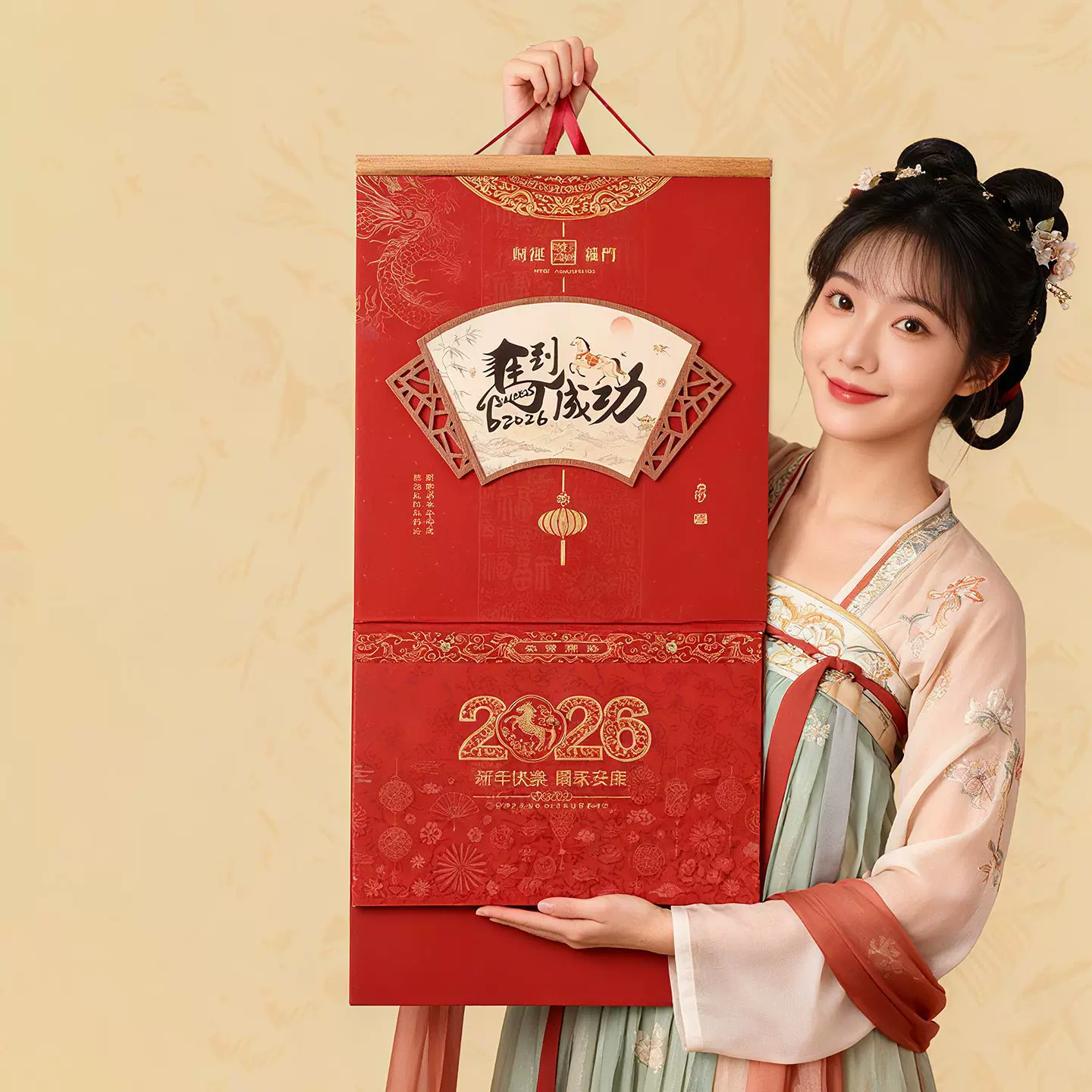2026马年挂历定制三开立体窗花福牌挂历礼盒装无纺布大号月历日历