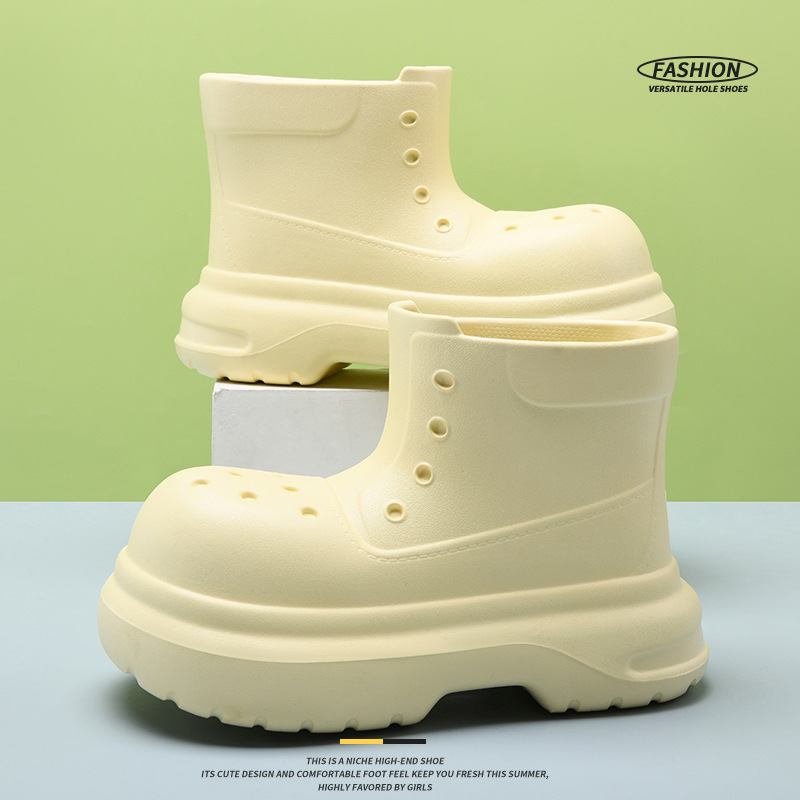 EVA 두꺼운 밑창 방수 장화 여성용 내마모성 비 냄새 나는 발 물 신발 튜브 밖에서 사계절은 하이 엔드 센스 증가 장화를 착용합니다.