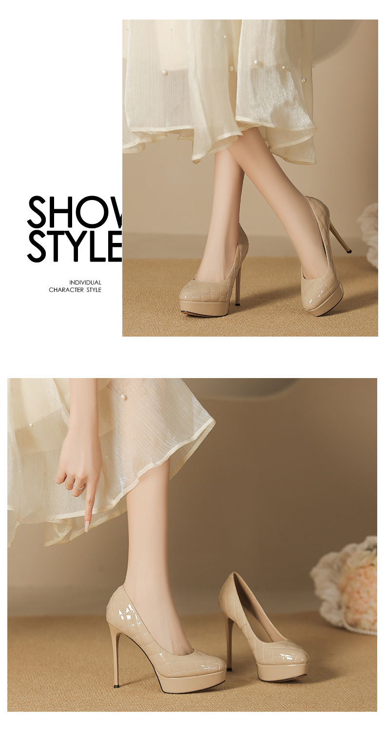 Giày cao gót nữ mũi tròn đế xuồng họa tiết ca rô gót 12 cm — Màu nude-12cm chi tiết 5