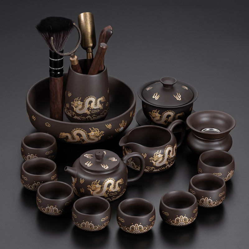 ✲☾☾✲15개의 보라색 점토 차 세트(Xianglong Shengshi) - Xishi 찻주전자✲☾☾✲