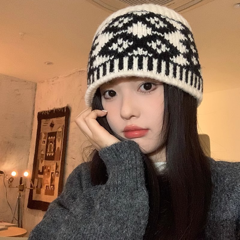 复古黑色渔夫帽菱形格子毛线帽子女秋冬季显脸小百搭大头围针织帽|undefined