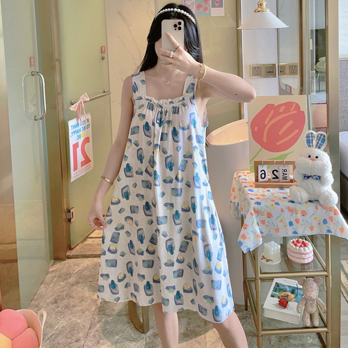 Cotton silk nightgown for women in summer new suspender small floral pajamas summer artificial cotton girl cute silk home clothes