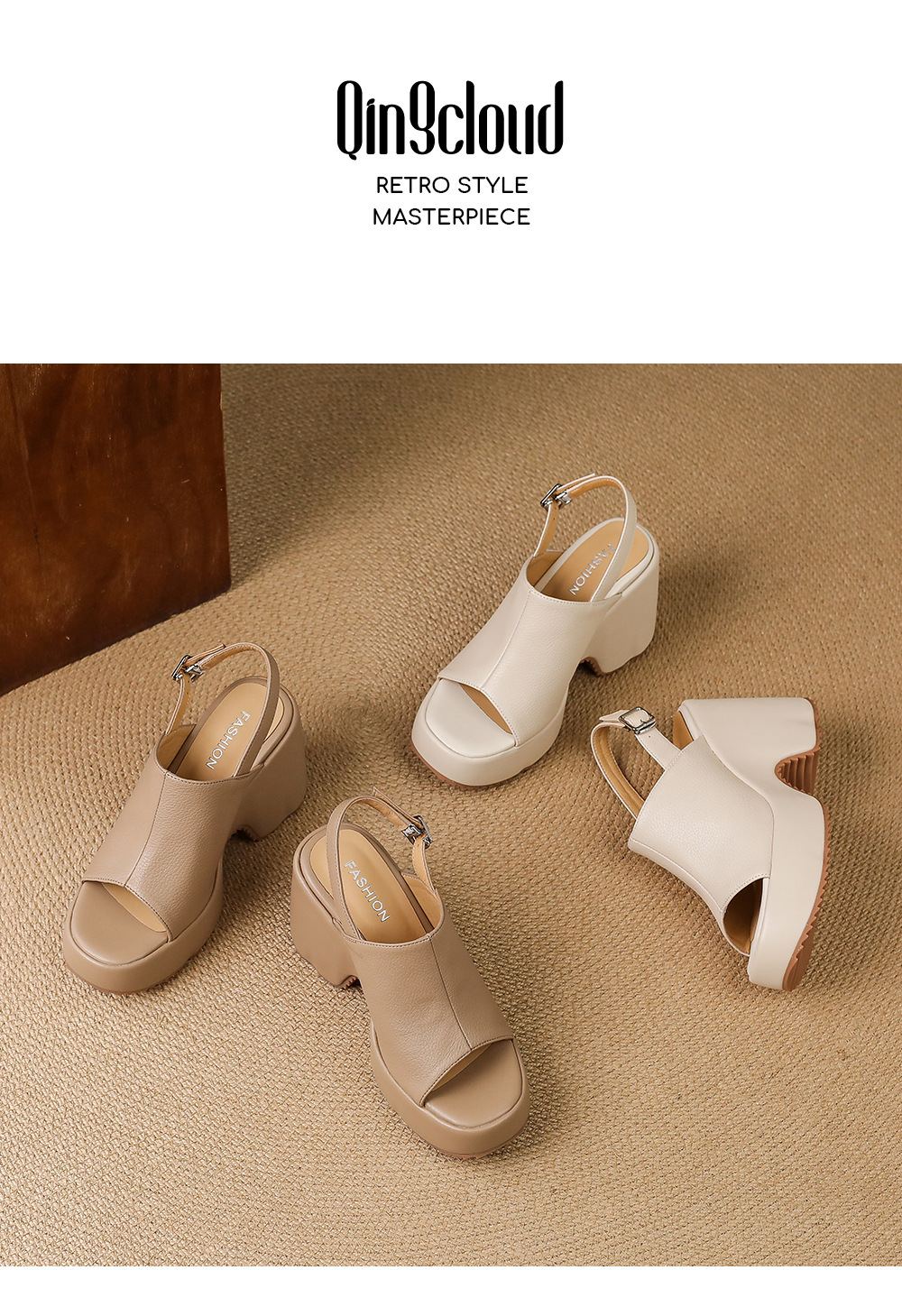 Sandal cao gót nữ hở mũi đế dày quai ngang khóa một chữ — màu trắng ngà, màu mơ chi tiết 14